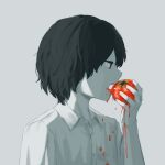  1boy avogado6 black_hair collared_shirt eating food fruit holding holding_food holding_fruit long_sleeves open_mouth original profile red_eyes shirt solo spot_color tomato upper_body white_shirt white_skin wing_collar 