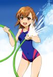 1girl :d absurdres bangs bare_arms bare_shoulders blue_sky blue_swimsuit breasts brown_eyes brown_hair clouds cloudy_sky collarbone commentary_request covered_navel day eyebrows_visible_through_hair hair_between_eyes highres holding hose long_hair looking_at_viewer misaka_mikoto one-piece_swimsuit open_mouth outdoors school_swimsuit sky small_breasts smile solo standing swimsuit taka_(takahirokun) to_aru_kagaku_no_railgun to_aru_majutsu_no_index upper_teeth water 