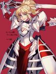 1girl armor blonde_hair braid clarent_(fate) closed_mouth eyebrows_visible_through_hair fate/apocrypha fate_(series) french_braid gauntlets green_eyes highres holding holding_sword holding_weapon mordred_(fate) mordred_(fate/apocrypha) pauldrons ponytail red_background short_hair shoulder_armor simple_background smile solo sword translation_request v-shaped_eyebrows weapon yuccoshi 