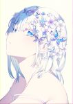  1girl achiki bare_shoulders blue_eyes butterfly_hair_ornament flower from_side hair_between_eyes hair_flower hair_ornament looking_at_viewer medium_hair original portrait simple_background solo spaghetti_strap strap_slip symbol_commentary white_background white_hair 