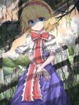  1girl alice_margatroid blonde_hair blue_dress blue_eyes broken_glass capelet clouds commentary_request cowboy_shot crossed_arms day dress expressionless glass hair_between_eyes hairband head_tilt kayon_(touzoku) lolita_hairband looking_at_viewer mountain outdoors plant puppet_rings red_neckwear red_sky ruins sash shaded_face shadow short_hair sky solo standing touhou tree_branch vines white_capelet 