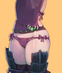  1girl belt bow bow_(bhp) bow_panties character_request head_out_of_frame lower_body monster_hunter orange_outline panties purple_legwear purple_panties simple_background skindentation solo standing thigh-highs underwear yellow_background 