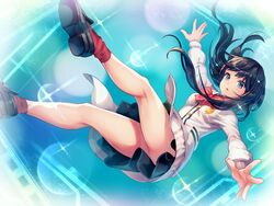  1girl bare_legs black_footwear black_hair black_skirt blue_background blue_eyes blush bow bowtie falling full_body inari_kei kneepits light_particles long_hair looking_at_viewer outstretched_arms red_bow red_legwear shirt shoes skirt socks solo spread_arms ssss.gridman takarada_rikka white_shirt white_skirt 