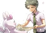  1boy ahoge angel_wings bangs breast_pocket brown_eyes brown_hair certificate closed_mouth collared_shirt commentary_request dangan_ronpa ear_ribbon green_neckwear hinata_hajime holding looking_at_another monomi_(dangan_ronpa) necktie pants pocket shirt short_hair short_sleeves super_dangan_ronpa_2 upper_body white_background white_shirt wings youko-shima 