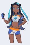 1girl armlet artist_name belly_chain bike_shorts black_hair blue_eyes blue_eyeshadow chiyo_(ppp_808) commentary_request dark_skin dark-skinned_female dive_ball dynamax_band earrings eyeshadow gloves grey_background gym_leader hand_on_hip hand_up highres holding holding_poke_ball hoop_earrings jewelry long_hair looking_at_viewer makeup multicolored_hair navel necklace nessa_(pokemon) parted_lips poke_ball pokemon pokemon_(game) pokemon_swsh single_glove solo two-tone_hair watermark 