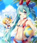  2girls ;p aqua_eyes aqua_hair arms_up ball bangs beach beachball bikini blonde_hair blue_bow blue_collar blue_sky blurry_foreground bow bracelet broken_heart carrying_under_arm clouds collar commentary day hair_bow hair_ornament hairclip hatsune_miku heart heart_bikini heart_hair_ornament heart_in_eye index_finger_raised jewelry kagamine_rin leg_up long_hair matatabi_dango multiple_girls navel ocean one_eye_closed open_mouth outdoors outstretched_arms palm_tree sailor_collar short_hair sky smile splashing striped striped_bikini swept_bangs swimsuit symbol_in_eye tongue tongue_out tree twintails v-shaped_eyebrows very_long_hair vocaloid 