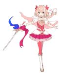  1boy astolfo_(fate) bow braid fate_(series) gloves hair_bow hair_intakes holding holding_sword holding_weapon long_braid long_hair magical_girl male_focus otoko_no_ko pako pink_hair puffy_short_sleeves puffy_sleeves short_sleeves single_braid smile sword thigh-highs violet_eyes weapon white_gloves 