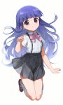  1girl absurdres bangs black_skirt blue_hair blunt_bangs blush bow bowtie commentary eyebrows_visible_through_hair furude_rika highres higurashi_no_naku_koro_ni hiroki_(yyqw7151) looking_at_viewer pleated_skirt shirt simple_background skirt smile socks solo violet_eyes white_background white_shirt 