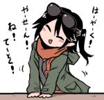  1girl bangs black_hair blush closed_eyes eyewear_on_head green_jacket jacket kantai_collection long_sleeves lowres open_mouth orange_scrunchie scarf scrunchie sendai_(kantai_collection) simple_background solo sunglasses terrajin translation_request two_side_up white_background 