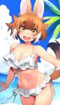  1girl :d animal_ear_fluff animal_ears bangs bare_shoulders beach bikini breasts brown_hair clouds collarbone commentary dated day dhole_(kemono_friends) dog_ears dutch_angle extra_ears eyebrows_visible_through_hair fang frilled_bikini frills front-tie_bikini front-tie_top happa_(cloverppd) highres kemono_friends large_breasts looking_at_viewer multicolored_hair navel open_mouth outdoors palm_tree short_hair side-tie_bikini signature smile solo swimsuit tail thigh_gap tree two-tone_hair white_bikini white_hair yellow_eyes 