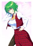  1girl absurdres arm_behind_head ascot breasts commentary_request green_hair hand_on_hip highres kazami_yuuka large_breasts long_sleeves looking_at_viewer mattari_yufi pantyhose plaid plaid_skirt plaid_vest red_eyes short_hair skirt solo touhou twitter_username vest white_background 