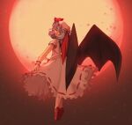  1girl absurdres bat_wings blue_hair bow dress flying frilled_shirt frilled_sleeves frills hat hat_ribbon head_tilt highres linmiee looking_at_viewer mob_cap moon pink_dress puffy_short_sleeves puffy_sleeves red_bow red_eyes red_footwear red_moon red_ribbon remilia_scarlet ribbon shirt short_hair short_sleeves solo touhou wings wrist_cuffs 