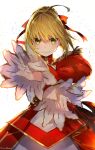 1girl aestus_estus ahoge artist_name bangs blonde_hair braid dress epaulettes eyebrows_visible_through_hair fate/extra fate_(series) hair_ribbon highres holding holding_sword holding_weapon mika_pikazo nero_claudius_(fate) nero_claudius_(fate)_(all) red_dress red_ribbon ribbon sidelocks signature solo sword upper_body weapon 