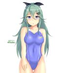  1girl :o alternate_breast_size arm_behind_back ass_visible_through_thighs black_bow black_ribbon blue_eyes blue_swimsuit bow breasts collarbone competition_swimsuit covered_navel cowboy_shot dated eyebrows green_hair hair_between_eyes hair_flaps hair_ornament hair_ribbon hairclip hand_on_own_leg kantai_collection large_breasts montemasa one-piece_swimsuit open_mouth ribbon solo swimsuit twitter_username yamakaze_(kantai_collection) 