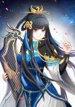  1girl black_hair blue_dress braid chinese_clothes dress highres instrument jewelry long_hair mu_tian_ming solo thunderbolt_fantasy violet_eyes xunling 