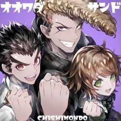  3boys :d bangs black_hair black_ribbon blue_eyes brown_eyes brown_hair clenched_hand commentary_request dangan_ronpa dangan_ronpa_1 dated eyebrows_visible_through_hair face fang from_side fujisaki_chihiro green_eyes grin hand_up ishimaru_kiyotaka long_sleeves looking_at_viewer male_focus multiple_boys oowada_mondo open_mouth pink_background red_eyes ribbon short_hair smile translation_request u_u_ki_u_u upper_body upper_teeth very_short_hair 