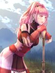  1girl :d arm_strap bangs black_skirt blunt_bangs breasts clouds cowboy_shot day eyebrows_visible_through_hair fire_emblem fire_emblem:_three_houses gloves hair_ornament hands_on_hilt highres hilda_valentine_goneril leaning_forward long_hair medium_breasts miniskirt open_mouth outdoors pink_eyes pink_hair pleated_skirt red_gloves riou_(pooh920) shiny shiny_hair skirt smile solo sweatdrop 
