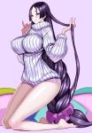  1girl bangs blush braid breasts dolphin_shorts fate/grand_order fate_(series) feet hand_in_hair hands_up hip_focus honjou_raita huge_breasts impossible_clothes impossible_sweater kneeling legs long_hair micro_shorts minamoto_no_raikou_(fate/grand_order) parted_bangs pink_shorts purple_hair purple_scrunchie revision ribbed_sweater scrunchie shorts smile soles solo sweater thighs turtleneck turtleneck_sweater very_long_hair violet_eyes white_sweater 