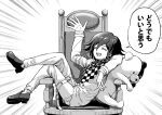  1boy :d arm_up bangs checkered checkered_scarf closed_eyes commentary_request dangan_ronpa emphasis_lines full_body greyscale hair_between_eyes long_sleeves male_focus medium_hair monochrome monokuma new_dangan_ronpa_v3 on_chair open_mouth ouma_kokichi pants scarf shoes sitting smile speech_bubble straitjacket stuffed_animal stuffed_toy teddy_bear translation_request upper_teeth youko-shima 
