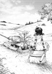  1girl ahoge ass clouds cluseller commentary_request day dress from_behind grass greyscale ground_vehicle highres kemurikusa long_sleeves medium_hair military military_vehicle monochrome motor_vehicle outdoors raglan_sleeves riri_(kemurikusa) robot scenery shiny shiny_hair shiro_(kemurikusa) sitting sky striped_sleeves tank traditional_media tree 