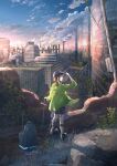  1girl anyotete baseball_cap bike_shorts black_hair brown_hair cityscape clouds evening hat highres looking_at_viewer looking_back original robot ruins scenery sky twilight twintails walking_stick 