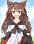  1girl ahoge animal_ears brooch brown_hair collarbone commentary_request dress fang grass imaizumi_kagerou jewelry long_hair looking_at_viewer neko_mata outdoors red_eyes skin_fang skirt_hold solo tail touhou wolf_ears wolf_tail 