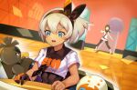  2girls bangs bea_(pokemon) black_bodysuit black_hairband blonde_hair blue_eyes blush bodysuit bodysuit_under_clothes bow_hairband clobbopus collared_shirt commentary_request dynamax_band eyelashes flying_sweatdrops galarian_farfetch&#039;d galarian_form gen_8_pokemon gloves gym_leader gym_trainer_(pokemon) hair_between_eyes hairband highres indoors katwo legs_apart motion_lines multiple_girls open_mouth pokemon pokemon_(creature) pokemon_(game) pokemon_swsh print_shirt shirt short_hair short_sleeves single_glove smile standing tied_shirt tongue 