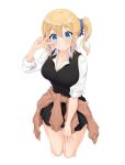  1girl bangs blonde_hair blue_eyes blue_scrunchie blush breasts clothes_around_waist collarbone collared_shirt commentary_request cropped_legs grin hair_between_eyes hair_ornament hair_scrunchie hand_on_own_thigh hayasaka_ai highres kaguya-sama_wa_kokurasetai_~tensai-tachi_no_renai_zunousen~ large_breasts long_hair looking_at_viewer nanabuluku school_uniform scrunchie shirt shuuchiin_academy_uniform side_ponytail simple_background smile solo sweater sweater_around_waist v v_over_eye white_background white_shirt 