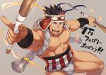  1boy abs absurdres arm_up bara bare_chest blush brown_hair bulge chest drumsticks facial_hair festival fundoshi goggles goggles_on_head highres japanese_clothes loincloth looking_at_viewer male_focus muscle nipples original pesox short_hair sideburns solo spiky_hair stubble thick_thighs thighs 