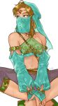  1boy artist_name bangs bare_shoulders blonde_hair blue_eyes bridal_gauntlets circlet collarbone commentary_request crossdressinging detached_sleeves earrings gerudo_link green_footwear green_headwear green_sleeves highres indian_style iva_(sena0119) jewelry looking_to_the_side male_focus medium_hair midriff mouth_veil navel otoko_no_ko pants pink_pants pointy_ears simple_background sitting solo stomach the_legend_of_zelda the_legend_of_zelda:_breath_of_the_wild veil white_background 
