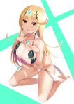  1girl :p absurdres barefoot bikini blonde_hair breasts chest_jewel collarbone daive earrings eyebrows_visible_through_hair full_body gem headpiece highres jewelry kneeling large_breasts leg_garter long_hair looking_at_viewer mythra_(xenoblade) solo swimsuit tongue tongue_out white_bikini xenoblade_chronicles_(series) xenoblade_chronicles_2 yellow_eyes 