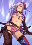  1girl american_flag_bikini american_flag_legwear bikini black_legwear blue_eyes boots breasts brown_gloves choker elbow_gloves fate/grand_order fate_(series) fingerless_gloves flag_print fu-ta gloves hair_bun katana long_hair looking_at_viewer miyamoto_musashi_(fate/grand_order) miyamoto_musashi_(swimsuit_berserker)_(fate) navel purple_hair sheath sheathed smile solo swimsuit sword thigh-highs thigh_boots weapon 