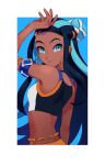  1girl aqua_eyes arm_up armlet belly_chain bike_shorts black_hair blue_eyeshadow border chiyo_(ppp_808) commentary_request dark_skin dark-skinned_female earrings eyeshadow gym_leader hair_bun highres hoop_earrings jewelry long_hair makeup multicolored_hair nessa_(pokemon) outside_border parted_lips pokemon pokemon_(game) pokemon_swsh solo two-tone_hair white_border 