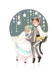  2girls alice_(wonderland) alice_(wonderland)_(cosplay) animal_ears apron blue_dress boots bow brown_hair cat_ears cat_tail closed_eyes cosplay dress fake_animal_ears fake_tail full_body hair_bow hairband high_heel_boots high_heels hoshizora_rin koizumi_hanayo laughing love_live! love_live!_school_idol_project mary_janes multiple_girls open_mouth orange_hair pako shoes short_hair smile striped striped_legwear tail thigh-highs vertical-striped_legwear vertical_stripes 