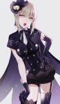  1girl artoria_pendragon_(all) asymmetrical_gloves bangs black_bow black_legwear black_ribbon black_shorts bow cape dress_shirt elbow_gloves fate/stay_night fate_(series) garter_straps gloves grey_background hair_between_eyes hair_bow hand_on_hip hand_on_lap hand_on_own_leg hat highres leaning_to_the_side makeup mascara meltymaple mini_hat neck_ribbon open_mouth purple_cape purple_gloves ribbon saber_alter shiny shiny_hair shiny_skin shirt short_hair_with_long_locks short_shorts shorts sidelocks silver_hair solo standing striped striped_bow thigh-highs white_shirt yellow_eyes 