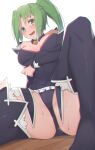  1girl :d arm_under_breasts bare_shoulders black_dress black_legwear black_panties blush boots breasts covered_navel detached_collar detached_sleeves dress embarrassed frilled_dress frills green_eyes green_hair highres higurashi_no_naku_koro_ni knee_up long_hair looking_at_viewer medium_breasts nervous_smile open_mouth panties ponytail redb skin_tight smile solo sonozaki_mion spread_legs thigh-highs thigh_boots underwear 