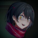 1girl chromatic_aberration earrings eyebrows_visible_through_hair face fang film_grain hair_between_eyes highres jewelry looking_at_viewer mashiro_(nijisanji) nijisanji open_mouth red_scarf scarf solo teeth upper_body virtual_youtuber wide-eyed wowk yellow_eyes 