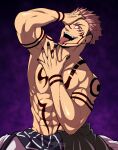  1boy abs absurdres arm_up black_nails extra_eyes hand_on_own_face highres inunekostudio itadori_yuuji jujutsu_kaisen looking_at_viewer male_focus muscle navel nipples one_eye_covered pink_hair red_eyes ryoumen_sukuna_(jujutsu_kaisen) shirtless short_hair solo tattoo tongue tongue_out undercut veins 