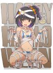  1girl bangs bare_shoulders bikini black_hair breasts collarbone fang food_themed_hair_ornament hair_ornament halloween_costume idolmaster idolmaster_million_live! mummy_costume nakatani_iku navel open_mouth pumpkin_hair_ornament purple_nails red_eyes shoohee short_hair side_ponytail small_breasts smile solo squatting stomach swimsuit 