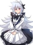  1boy androgynous apron black_bow black_dress blush bow bowtie closed_mouth collared_dress crossdressinging dress eyebrows_visible_through_hair genshin_impact grey_hair hair_between_eyes hair_bow highres hinghoi long_hair long_sleeves looking_at_viewer maid maid_apron male_focus otoko_no_ko own_hands_together razor razor_(genshin_impact) red_eyes simple_background solo very_long_hair white_background 