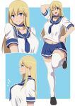  1girl absurdres bangs blonde_hair blue_eyes blue_sailor_collar blue_skirt blush breasts choker collarbone full_body hara_(harayutaka) highres large_breasts long_hair looking_at_viewer multiple_views open_mouth original pleated_skirt sailor_collar school_uniform serafuku shirt skirt smile thigh-highs thighs white_legwear white_shirt 