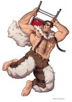  1boy abs arm_hair armpit_hair armpits bara bare_chest beard beowulf_(skullgirls) black_hair body_hair brown_pants bulge chest chest_hair facial_hair full_body hairy highres jumping male_focus marcus_(rnarccus) muscle navel navel_hair nipples open_pants pants pelt short_hair skullgirls smile solo stubble suspenders thick_thighs thighs white_background 