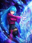  1girl bangs belt blue_hair bodysuit breasts gloves glowing highres ice kula_diamond long_hair medium_breasts official_art simple_background smile snowflakes the_king_of_fighters the_king_of_fighters_all-stars violet_eyes zipper 