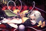  1girl blurry blurry_background bow commentary_request dise frilled_sleeves frills hat hat_bow heart heart_of_string highres indoors komeiji_koishi light_rays long_sleeves looking_at_viewer lying on_side shirt short_hair silver_hair skirt solo third_eye touhou wide_sleeves yellow_bow 