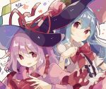  2girls black_headwear blouse blue_hair bow bowtie buttons capelet food frills fruit hat hat_bow hat_ribbon hinanawi_tenshi leaf long_hair mina_(sio0616) multiple_girls nagae_iku peach purple_hair red_eyes ribbon shawl short_sleeves touhou white_blouse 