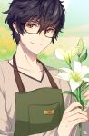  1boy amamiya_ren apron artist_name black-framed_eyewear black_eyes black_hair employee_uniform english_commentary florist flower glasses hair_between_eyes holding holding_flower lily_(flower) long_sleeves male_focus muki_(mayuiki) outdoors persona persona_5 shirt short_hair smile solo uniform white_flower 