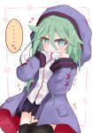  ... 1girl alternate_costume bangs black_legwear black_skirt blue_eyes blush commentary_request covered_mouth eyebrows_visible_through_hair green_hair hair_between_eyes hands_up heart high_collar highres hood hood_up hooded_jacket jacket kantai_collection long_hair long_sleeves looking_at_viewer open_clothes open_jacket pleated_skirt purple_jacket ridy_(ri_sui) shirt skirt sleeves_past_wrists solo spoken_ellipsis spoken_heart thigh-highs very_long_hair white_background white_shirt wide_sleeves yamakaze_(kantai_collection) 