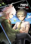  2boys ahoge bangs black_pants breast_pocket brown_eyes brown_hair clover collared_shirt commentary_request cover cover_page dangan_ronpa four-leaf_clover green_jacket green_neckwear grey_eyes grey_hair hinata_hajime holding_hands hood hooded_jacket jacket komaeda_nagito looking_at_another medium_hair multiple_boys necktie open_mouth pants pocket shirt short_hair short_sleeves smile super_dangan_ronpa_2 youko-shima 