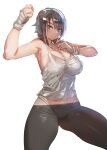  1girl armpits bandaged_arm bandages bare_shoulders bow_(bhp) breasts camisole closed_mouth cowboy_shot grey_eyes grey_hair hand_up hands_up highleg highleg_panties huge_breasts leggings looking_at_viewer medium_hair original panties simple_background solo standing underwear white_background white_panties 