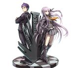  1boy 1girl bangs black_footwear black_jacket black_pants black_ribbon black_skirt blunt_bangs boots braid checkered checkered_floor commentary_request crossed_arms dangan_ronpa dangan_ronpa_1 gloves hair_ornament hair_ribbon hand_on_hip jacket kirigiri_jin kirigiri_kyouko knee_boots long_hair long_sleeves miniskirt necktie orange_neckwear pants pleated_skirt purple_hair ribbon shirt short_hair side_braid single_braid skirt standing very_short_hair violet_eyes white_background white_shirt youko-shima 